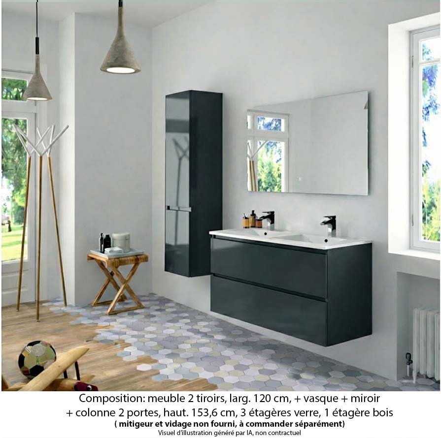 Ensemble meuble de salle de bain Oxford 120 cm basalte brillant, plan double vasque céramique, 2 tiroirs , miroir simple , colonne P. 35 cm x H. 153 cm