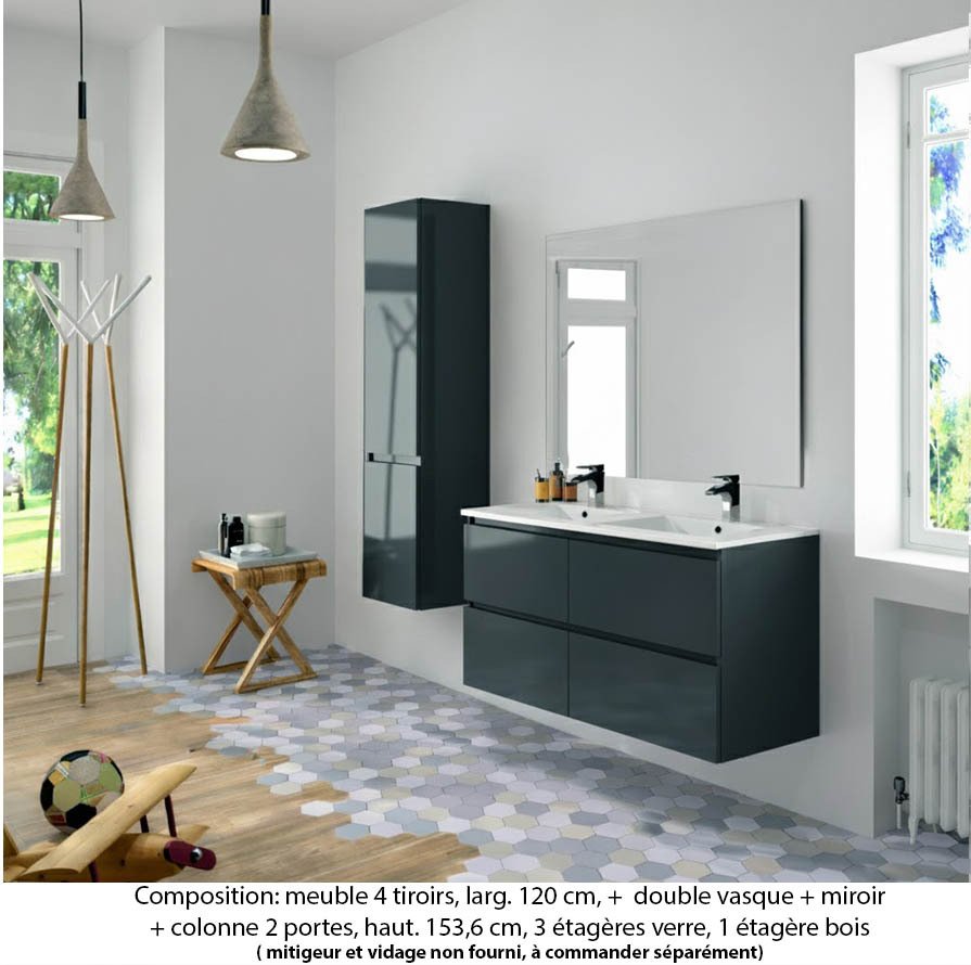 Ensemble meuble de salle de bain Oxford 120 cm basalte brillant, plan double double vasque céramique, 4 tiroirs , miroir simple , colonne P. 35 cm x H. 153 cm