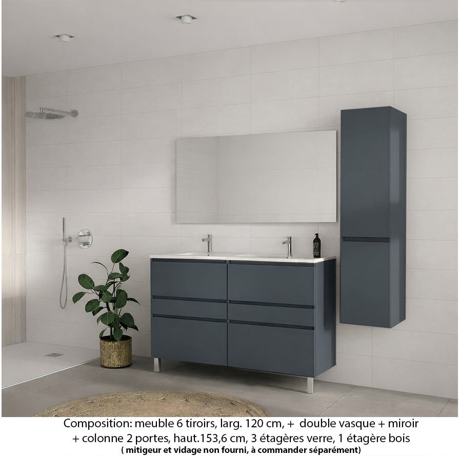 Ensemble meuble de salle de bain Oxford 120 cm basalte brillant, plan double vasque céramique, 6 tiroirs , miroir simple , colonne P. 35 cm x H. 153 cm