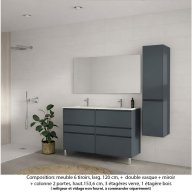 Ensemble meuble de salle de bain Oxford 120 cm basalte brillant, plan double vasque marbre reconstitué, 6 tiroirs , miroir simple , colonne P. 35 cm x H. 153 cm