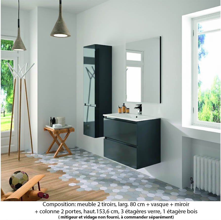 Ensemble meuble de salle de bain Oxford 80 cm basalte brillant, plan vasque céramique, 2 tiroirs , miroir simple , colonne P. 35 cm x H. 153 cm