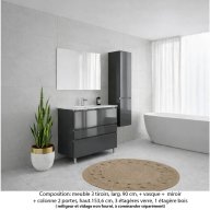 Ensemble meuble de salle de bain Oxford 90 cm basalte brillant, plan vasque marbre reconstitué, 3 tiroirs , miroir simple , colonne P. 35 cm x H. 153 cm