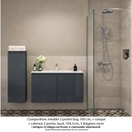 Ensemble meuble de salle de bain Oxford 60 cm basalte brillant, plan vasque marbre reconstitué, 2 portes + colonne P. 35 cm x H. 104 cm