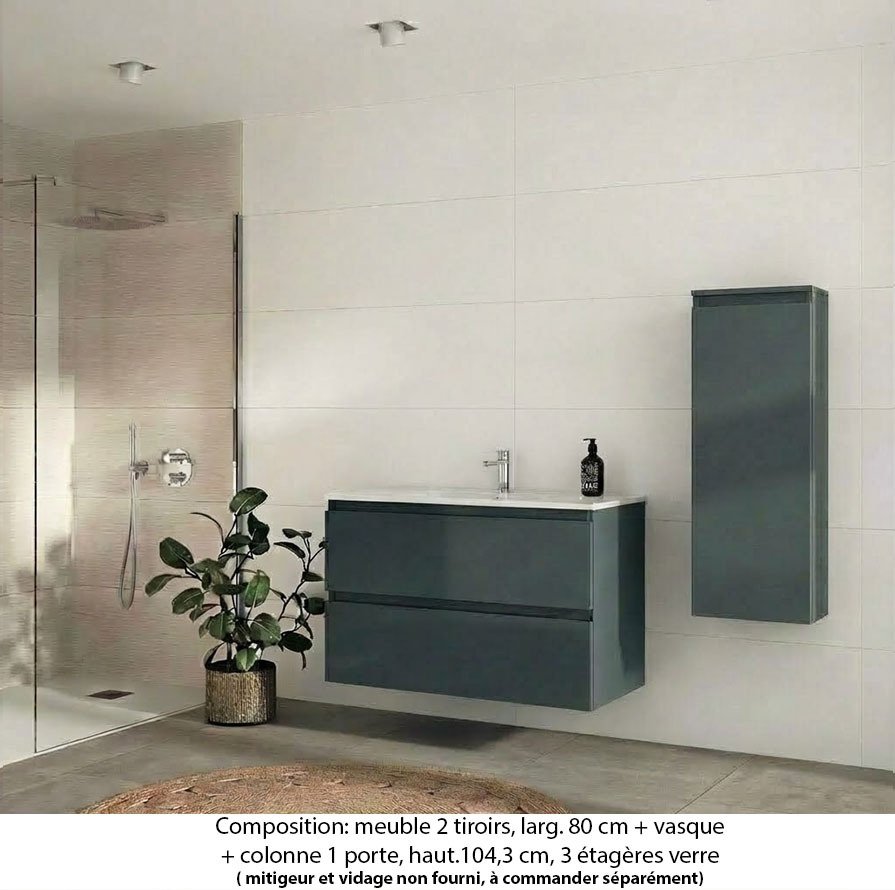 Ensemble meuble de salle de bain Oxford 80 cm basalte brillant, plan vasque céramique,  2 tiroirs + colonne P. 17 cm x H. 104 cm,,