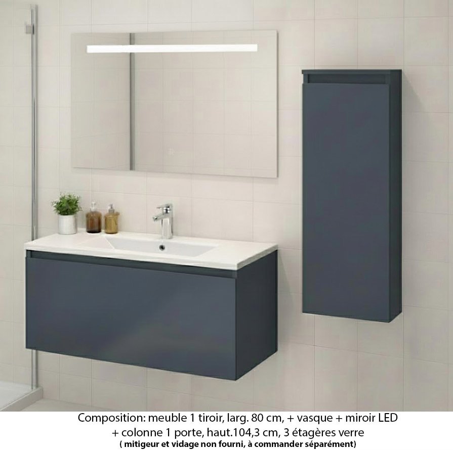 Ensemble meuble de salle de bain Oxford 80 cm basalte brillant, plan vasque marbre reconstitué,  1 tiroir +colonne P.17 cm x H. 104 cm  , miroir LED