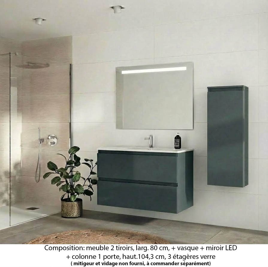 Ensemble meuble de salle de bain Oxford 80 cm basalte brillant, plan vasque céramique,  2 tiroirs + colonne P.17 cm x H. 104 cm , miroir LED