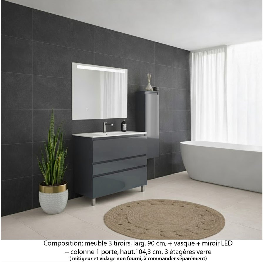 Ensemble meuble de salle de bain Oxford 80 cm basalte brillant, plan vasque marbre reconstitué,  3 tiroirs + colonne P.17 cm x H. 104 cm  , miroir LED
