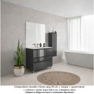 Ensemble meuble de salle de bain Oxford 90 cm basalte brillant, plan vasque marbre reconstitué, 3 tiroirs , miroir plan , colonne P.17 cm x H. 104 cm