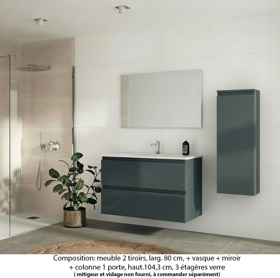 Ensemble meuble de salle de bain Oxford 80 cm basalte brillant, plan vasque céramique, 2 tiroirs , miroir simple , colonne P.17 cm x H. 104 cm