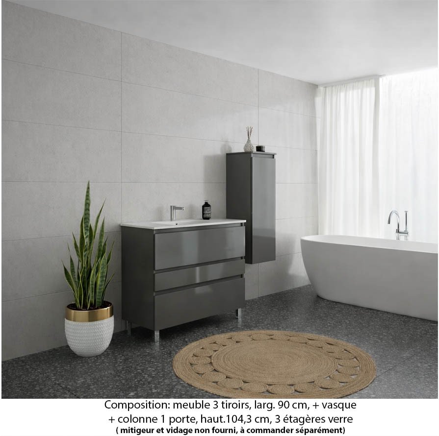 Ensemble meuble de salle de bain Oxford 80 cm basalte brillant, plan vasque marbre reconstitué,  3 tiroirs + colonne P. 35 cm x H. 104 cm