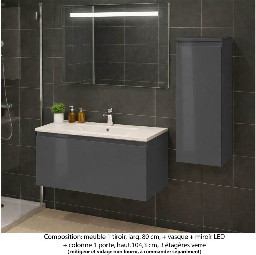 Ensemble meuble de salle de bain Oxford 80 cm basalte brillant, plan vasque céramique,  1 tiroir +colonne P. 35 cm x H. 104 cm, miroir LED