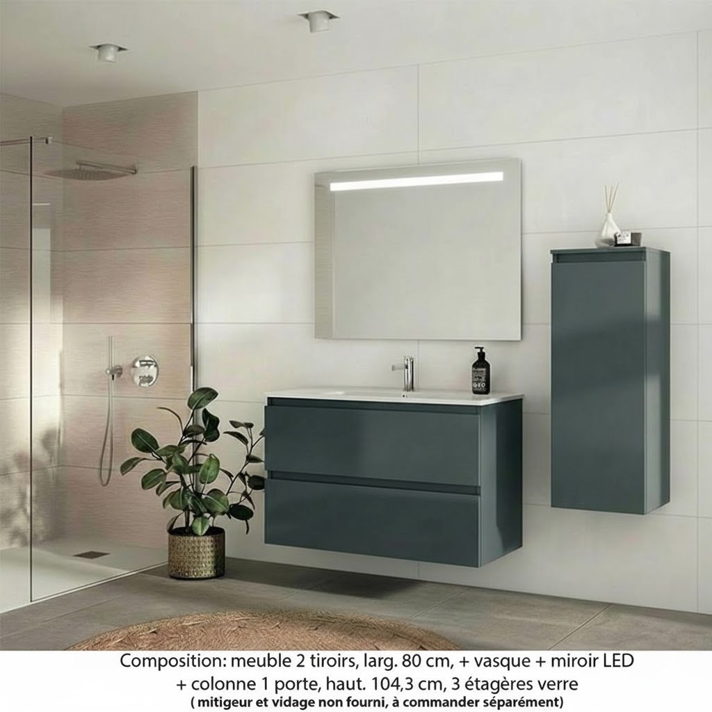 Ensemble meuble de salle de bain Oxford 80 cm basalte brillant, plan vasque céramique,  2 tiroirs + colonne P. 35 cm x H. 104 cm, miroir LED
