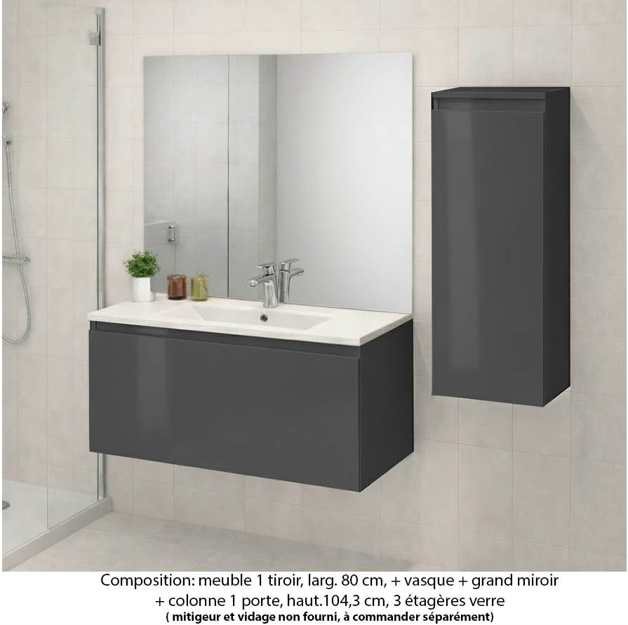 Ensemble meuble de salle de bain Oxford 100 cm basalte brillant, plan vasque marbre reconstitué, 1 tiroir , miroir plan , colonne P. 35 cm x H. 104 cm