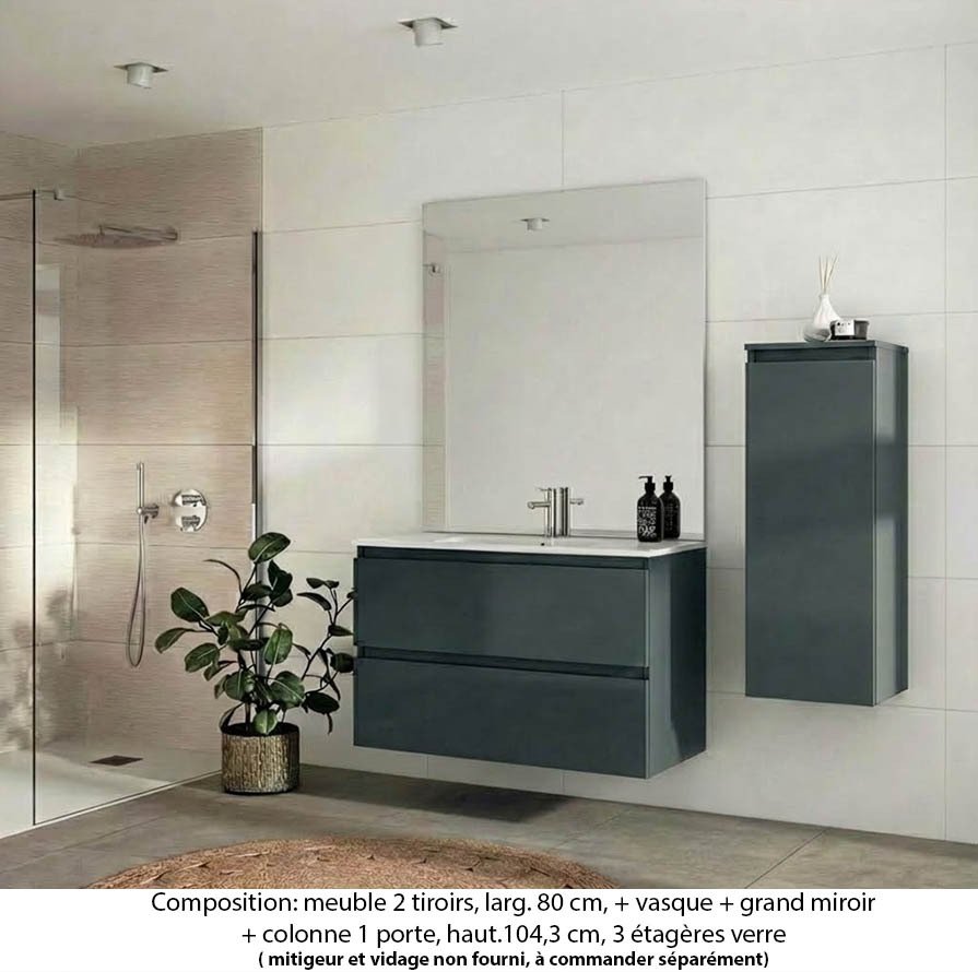 Ensemble meuble de salle de bain Oxford 80 cm basalte brillant, plan vasque céramique, 2 tiroirs , miroir plan , colonne P. 35 cm x H. 104 cm