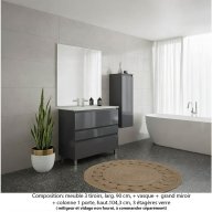 Ensemble meuble de salle de bain Oxford 90 cm basalte brillant, plan vasque marbre reconstitué, 3 tiroirs , miroir plan , colonne P. 35 cm x H. 104 cm