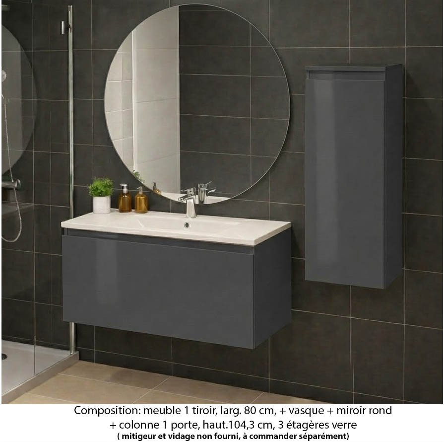 Ensemble meuble de salle de bain Oxford 100 cm basalte brillant, plan vasque marbre reconstitué, 1 tiroir , miroir rond , colonne P. 35 cm x H. 104 cm