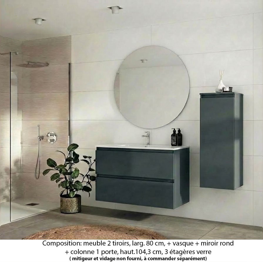 Ensemble meuble de salle de bain Oxford 80 cm basalte brillant, plan vasque céramique, 2 tiroirs , miroir rond , colonne P. 35 cm x H. 104 cm
