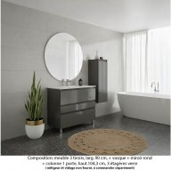 Ensemble meuble de salle de bain Oxford 90 cm basalte brillant, plan vasque marbre reconstitué, 3 tiroirs , miroir rond , colonne P. 35 cm x H. 104 cm
