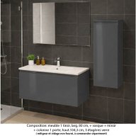 Ensemble meuble de salle de bain Oxford 80 cm basalte brillant, plan vasque marbre reconstitué, 1 tiroir , miroir simple , colonne P. 35 cm x H. 104 cm