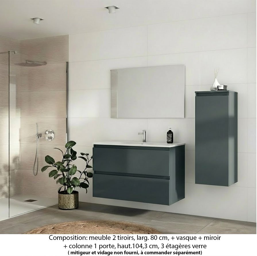 Ensemble meuble de salle de bain Oxford 80 cm basalte brillant, plan vasque céramique, 2 tiroirs , miroir simple , colonne P. 35 cm x H. 104 cm