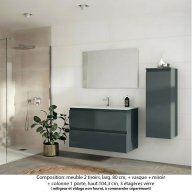 Ensemble meuble de salle de bain Oxford 80 cm basalte brillant, plan vasque céramique, 2 tiroirs , miroir simple , colonne P. 35 cm x H. 104 cm