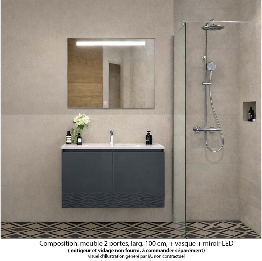 Ensemble meuble de salle de bain Oxford 80 cm basalte brillant, plan vasque marbre reconstitué,  2 portes , miroir LED