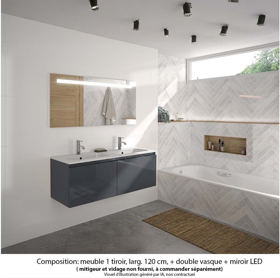 Ensemble meuble de salle de bain Oxford 120 cm basalte brillant, plan double vasque marbre reconstitué,  2 tiroirs , miroir LED