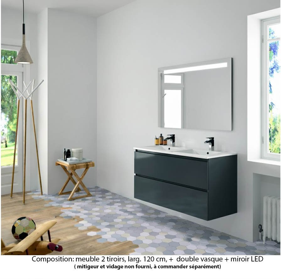 Ensemble meuble de salle de bain Oxford 120 cm basalte brillant, plan double vasque céramique,  2 tiroirs , miroir LED