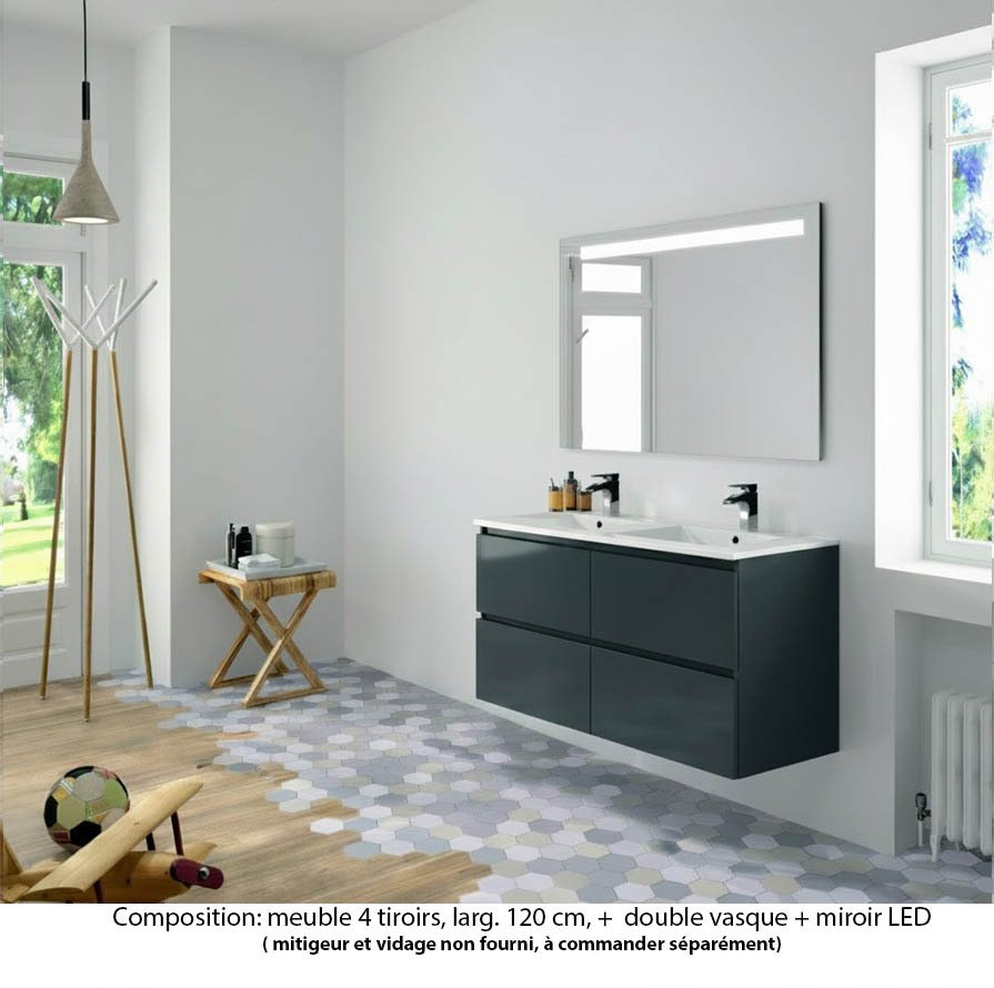 Ensemble meuble de salle de bain Oxford 120 cm basalte brillant, plan double double vasque céramique,  4 tiroirs , miroir LED