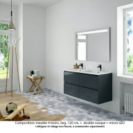 Ensemble meuble de salle de bain Oxford 140 cm basalte brillant, plan double double vasque marbre reconstitué, 4 tiroirs , miroir LED