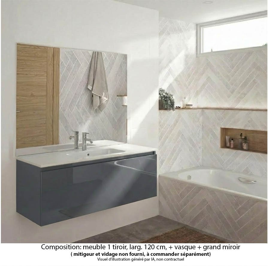 Ensemble meuble de salle de bain Oxford 120 cm basalte brillant, plan vasque marbre reconstitué,  1 tiroir , miroir haut. 110 cm
