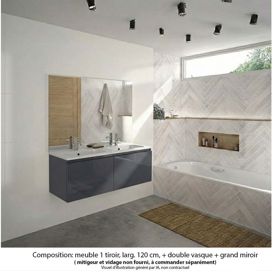 Ensemble meuble de salle de bain Oxford 120 cm basalte brillant, plan double vasque marbre reconstitué,  2 tiroirs , miroir haut. 110 cm