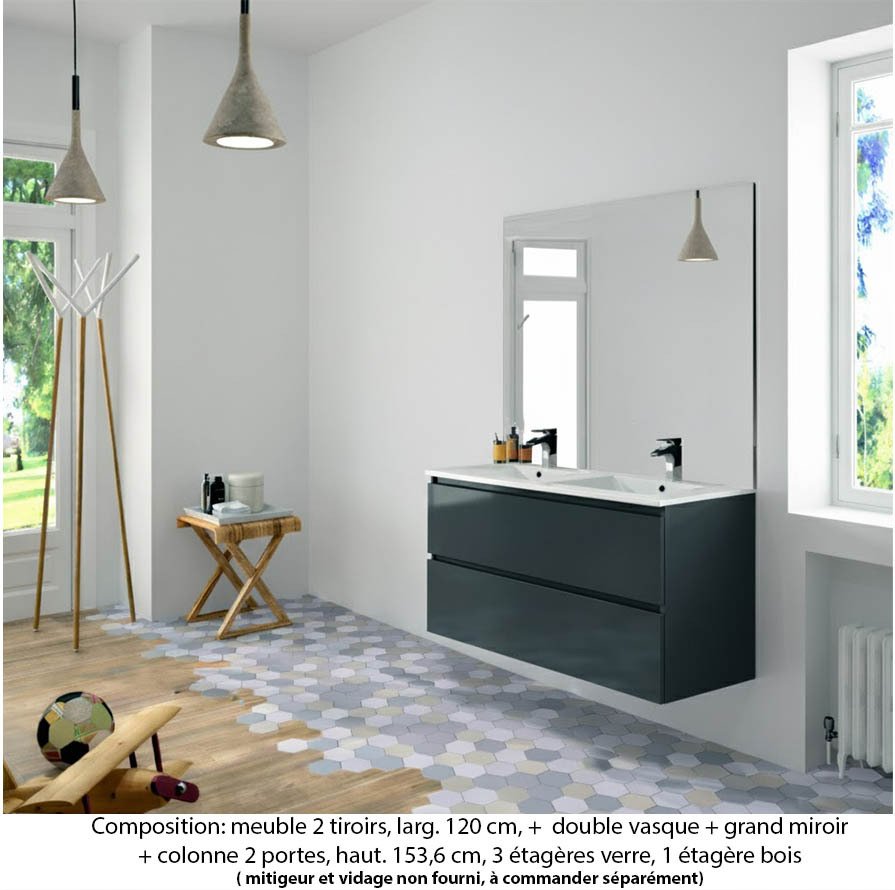 Ensemble meuble de salle de bain Oxford 120 cm basalte brillant, plan double vasque céramique,  2 tiroirs , miroir haut. 110 cm