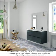 Ensemble meuble de salle de bain Oxford 120 cm basalte brillant, plan double vasque marbre reconstitué, 2 tiroirs , miroir haut. 110 cm