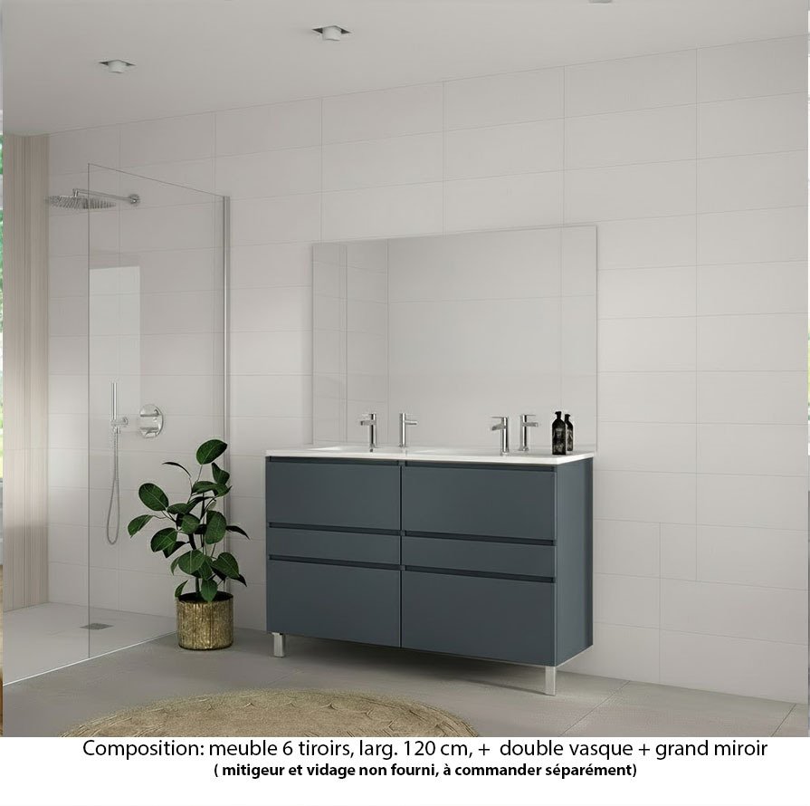 Ensemble meuble de salle de bain Oxford 120 cm basalte brillant, plan double vasque céramique,  6 tiroirs , miroir haut. 110 cm