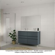 Ensemble meuble de salle de bain Oxford 120 cm basalte brillant, plan double vasque marbre reconstitué, 6 tiroirs , miroir haut. 110 cm