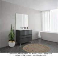 Ensemble meuble de salle de bain Oxford 90 cm basalte brillant, plan vasque marbre reconstitué, 3 tiroirs , miroir haut. 110 cm