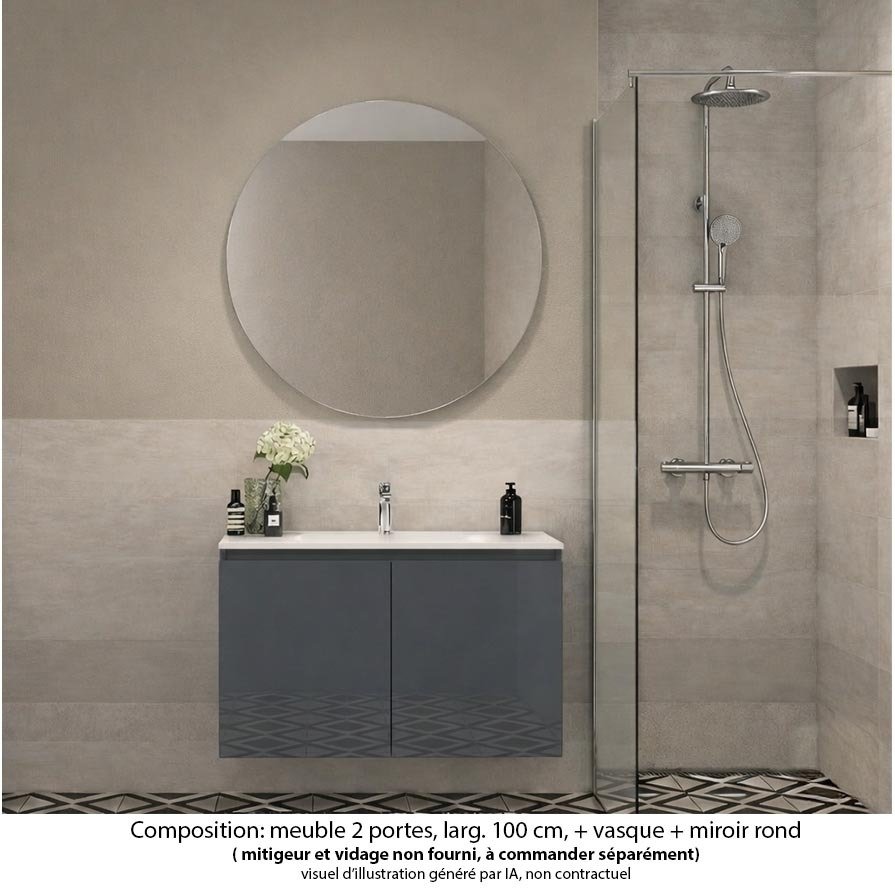 Ensemble meuble de salle de bain Oxford 80 cm basalte brillant, plan vasque marbre reconstitué,  2 portes , miroir rond