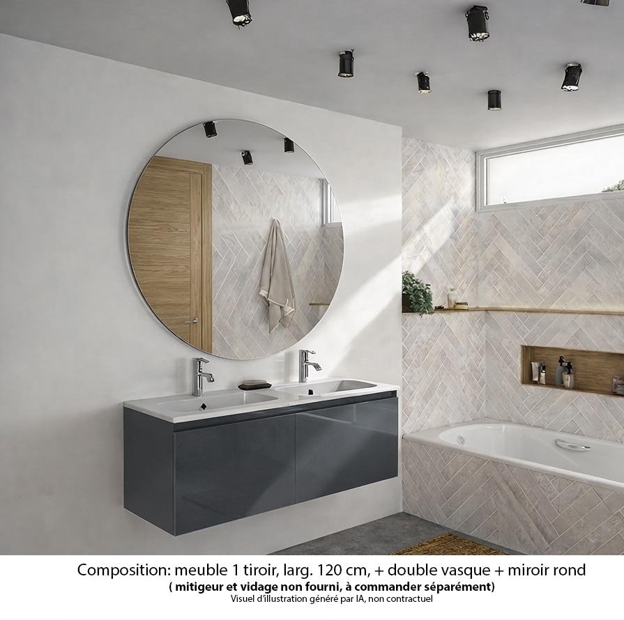 Ensemble meuble de salle de bain Oxford 120 cm basalte brillant, plan double vasque marbre reconstitué,  1 tiroir , miroir rond