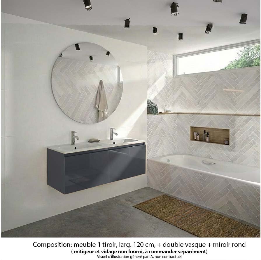 Ensemble meuble de salle de bain Oxford 120 cm basalte brillant, plan double vasque marbre reconstitué,  2 tiroirs , miroir rond