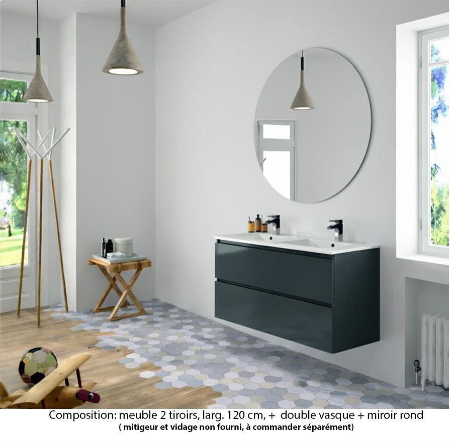 Ensemble meuble de salle de bain Oxford 120 cm basalte brillant, plan double vasque céramique,  2 tiroirs , miroir rond
