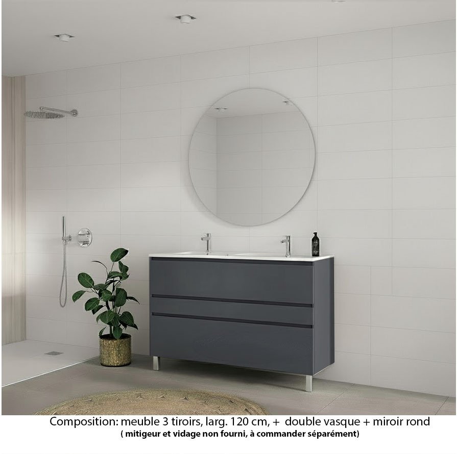 Ensemble meuble de salle de bain Oxford 120 cm basalte brillant, plan double vasque marbre reconstitué,  3 tiroirs , miroir rond