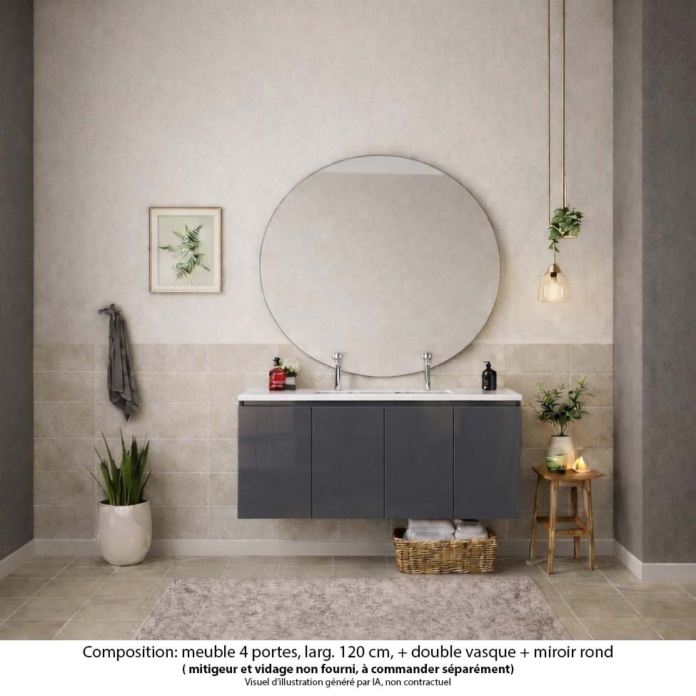Ensemble meuble de salle de bain Oxford 120 cm basalte brillant, plan vasque céramique,  4 portes , miroir rond