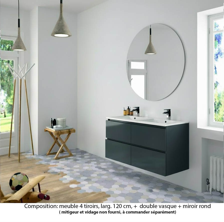 Ensemble meuble de salle de bain Oxford 120 cm basalte brillant, plan double double vasque céramique,  4 tiroirs , miroir rond
