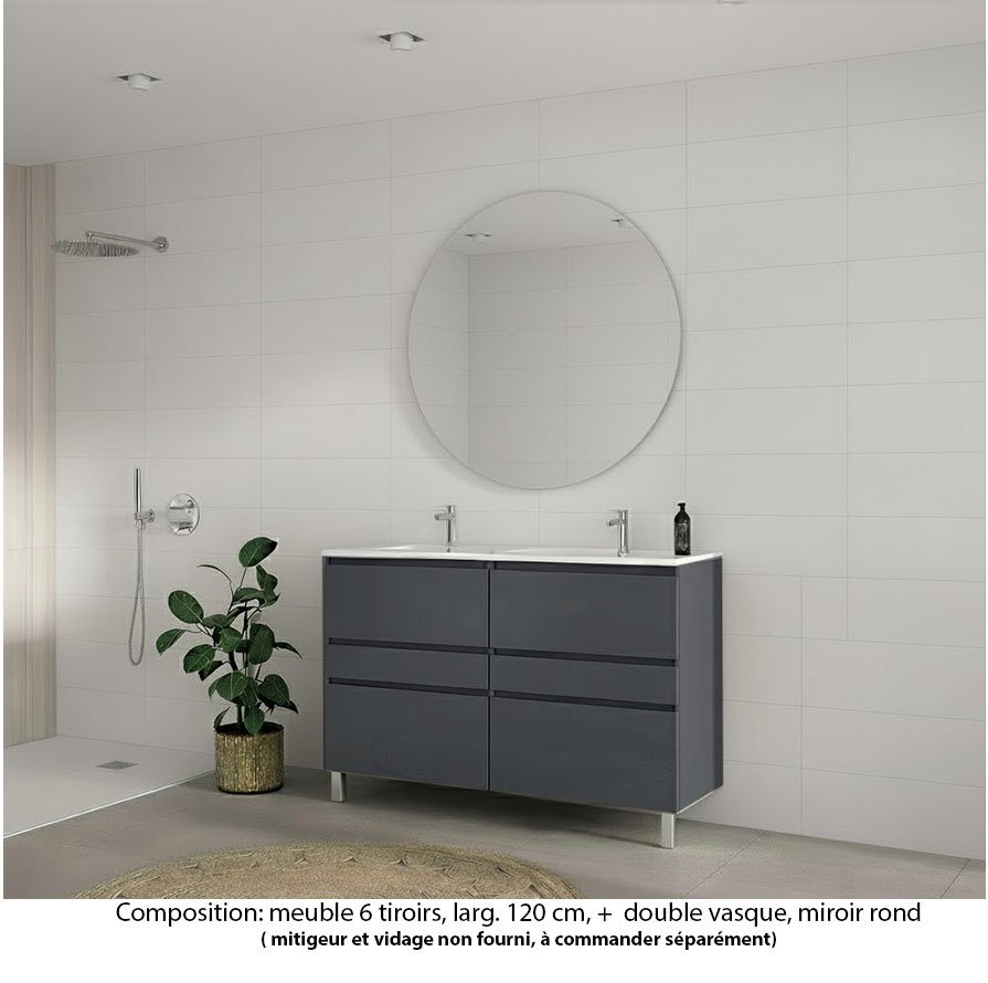 Ensemble meuble de salle de bain Oxford 120 cm basalte brillant, plan double vasque céramique,  6 tiroirs , miroir rond