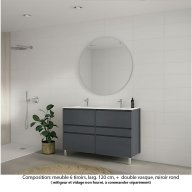 Ensemble meuble de salle de bain Oxford 120 cm basalte brillant, plan double vasque marbre reconstitué, 6 tiroirs , miroir rond