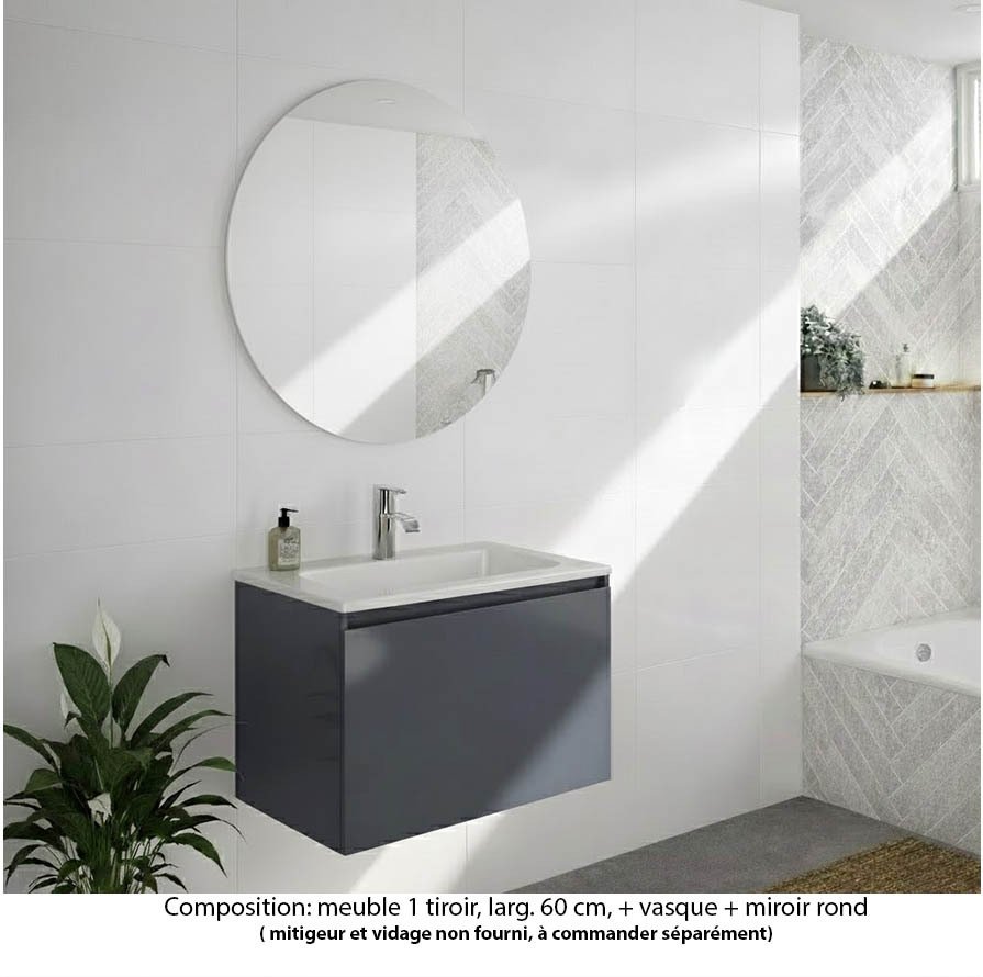 Ensemble meuble de salle de bain Oxford 80 cm basalte brillant, plan vasque marbre reconstitué,  1 tiroir , miroir rond