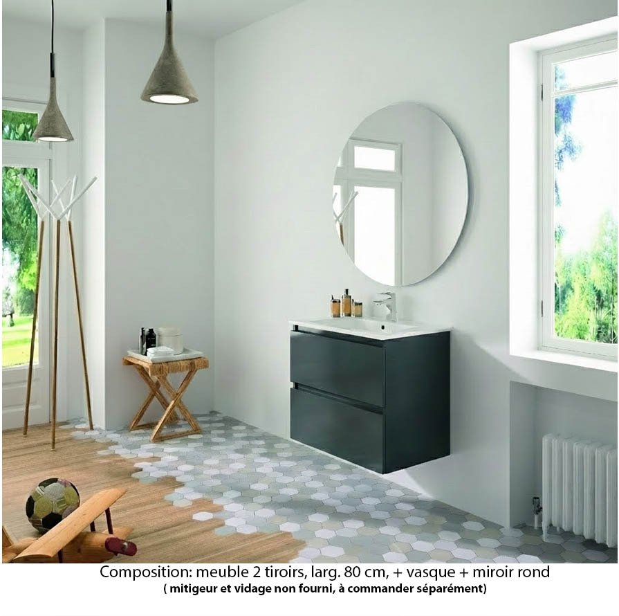 Ensemble meuble de salle de bain Oxford 80 cm basalte brillant, plan vasque céramique,  2 tiroirs , miroir rond