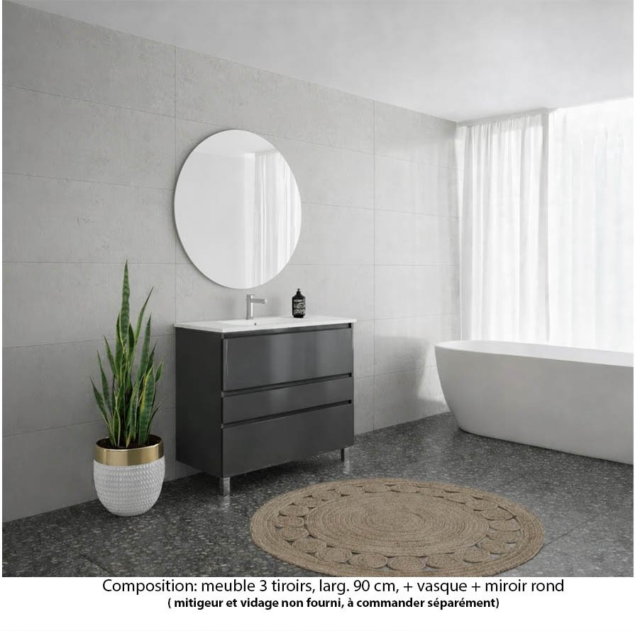 Ensemble meuble de salle de bain Oxford 80 cm basalte brillant, plan vasque marbre reconstitué,  3 tiroirs , miroir rond