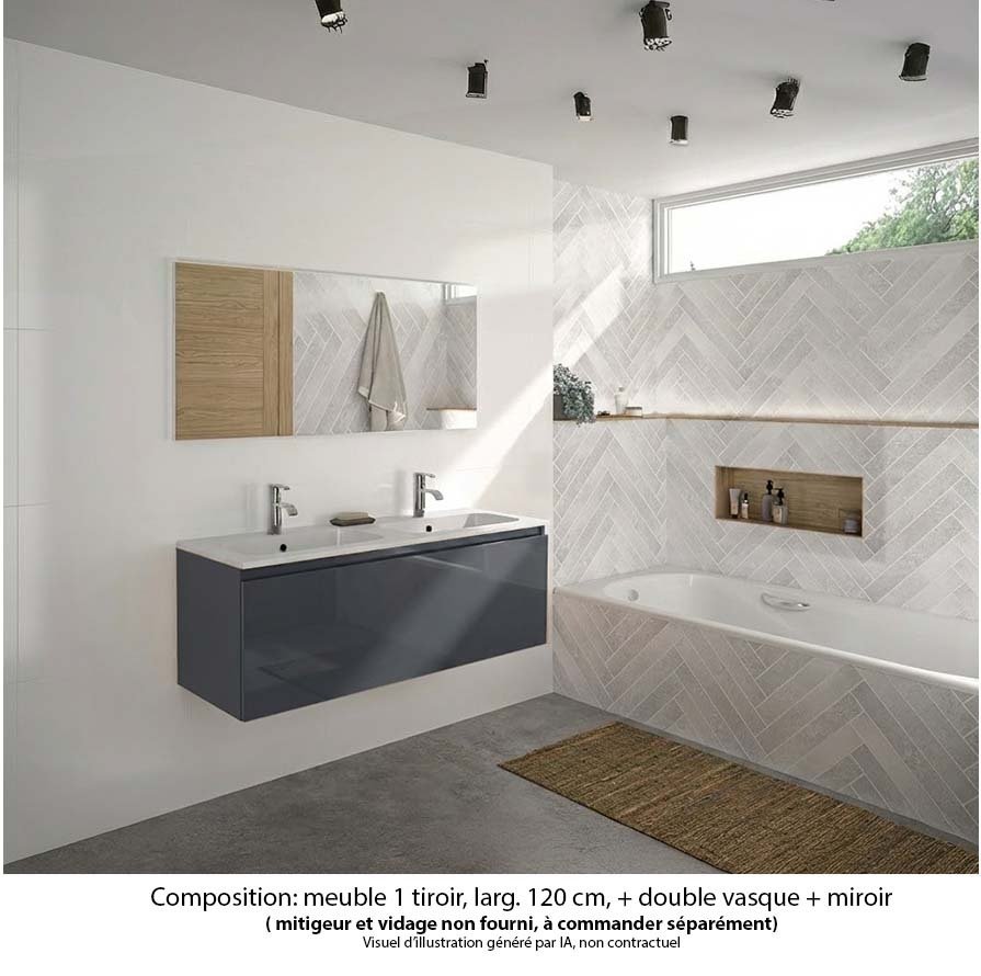 Ensemble meuble de salle de bain Oxford 120 cm basalte brillant, plan double vasque marbre reconstitué,  1 tiroir , miroir haut. 60 cm